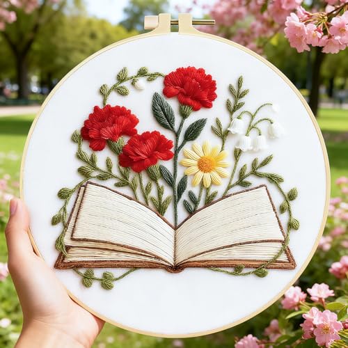BEUNITONE 6 Set Books Flowers Embroidery Kit for Adult Beginners with Hoops and Instructions Literary Themed Needlepoint Craft Kits Complete DIY Handmade Cross Stitch Set for Book Lovers Home Decor - style: Book Flower