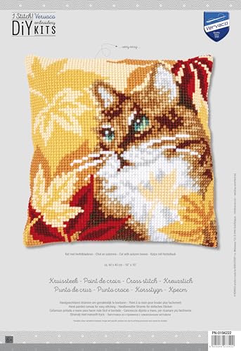 Vervaco Stamped Cross Stitch kit Cushion Katze mit Herbstlaub, 40x40cm, DIY - color: off-white