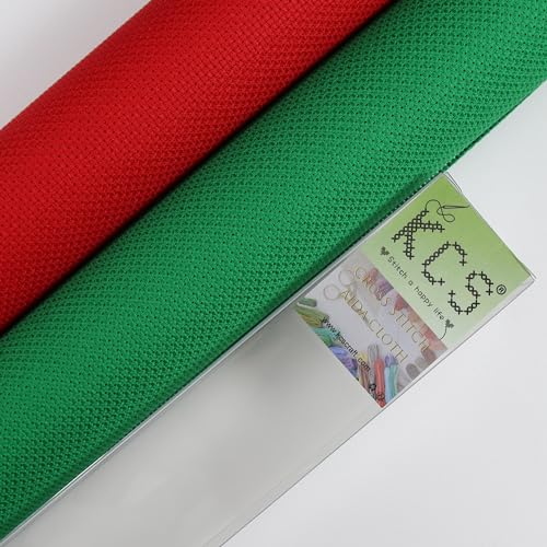 KCS 2 pc of 15" x 18" Counted Cross Stitch Cotton Aida Cloth Needlework Fabric (Red+Green, 14CT) - color: Red+green, size: 14CT