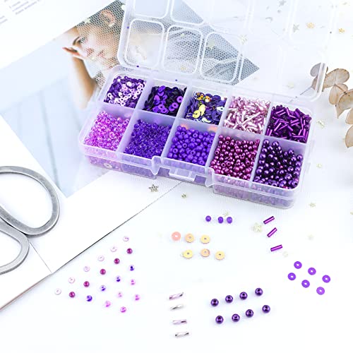 1 Box of Mixed Craft Beads Including Glass Bugle Seed Pearl Semi-Cupped Sequins Beads for DIY Arts Crafts Sewing Embroidery Clothing Jewelry Making (Purple, Assorted Size)