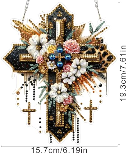 ZeeLionArt Hanging Diamonds Art kit for Adult,Cross Flowers Pendant Diamonds Painting Art Kit,6.2x7.6inch Acrylic Diamonds Painting Board Kit Ornament, Special Crystal Diamond Hanging Ornament - color: DP02452