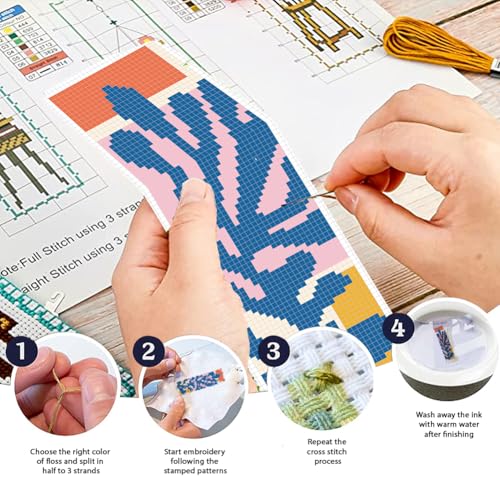 FREEBLOSS 6 Set Cross Stitch Bookmark Kit Abstract Flowers Pattern Stamped Cross Stitch Kit 11CT Embroidery Kits with Instructions for Beginners Adult 20x6cm/8x2.4inch - style: Minimalist Art