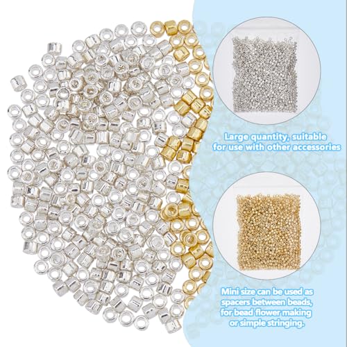 DICOSMETIC 4000Pcs 2mm Tiny Cylinder Glass Seed Beads Gold Silver Round Seed Beads 2 Colors Small Loose Spacer Craft Bead Metallic Glass Bead for Bracelet Necklace Earring Jewelry Making