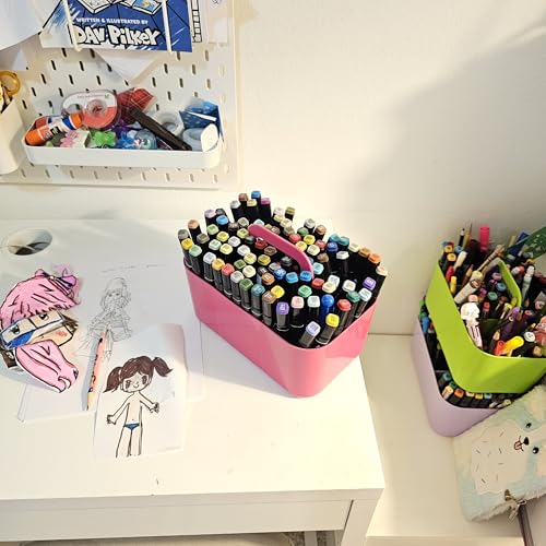 2 Pack Small 6 Compartment Multiuse Caddy Organizer with Handle Art Craft Supplies, Office, Desk, Stationery Pen Holder Stackable- Made In USA (Hot PInk) - color: Hot PInk