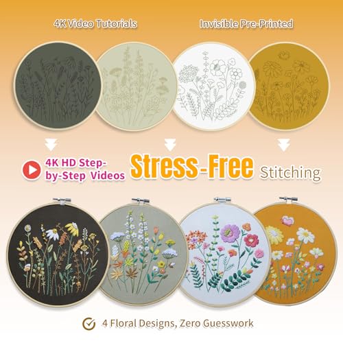 ETSPIL Embroidery Kit for Beginners, 2 Hoops, 4K Video, 4 Floral Patterns - color: flower A4