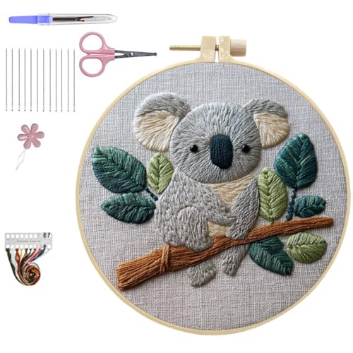 HCANPER Cute Koala Embroidery Starter Kit,DIY Needle Punch Kit, Punch Needle Kits for Beginners,Include Pre-Printed Fabric,Tools,Embroidery Hoop,Threads. (Well-Behaved) - color: Well-behaved