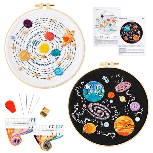 Armindou Embroidery Kit for Adults Beginners, Hand Embroidery Starter Kit with Solar System Patterns, Counted Stamped Cross Stitch Needlepoint Kit for Beginner Adult, 2 Set Embroidery Supplies/Hoop - color: Solar System, size: 8inch