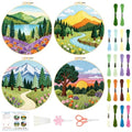 BEUNITONE 4 Set Forest Pattern Embroidery Kit for Adult Beginners Scenery Pre-Printed Designs Cross Stitch Kits, Needlepoint Kits for Adults, Handmade Embroidery for Home Decor 20x20cm - style: C-Forest Scenery