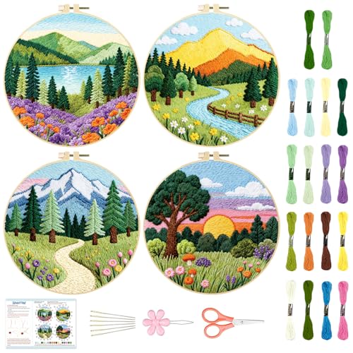 BEUNITONE 4 Set Forest Pattern Embroidery Kit for Adult Beginners Scenery Pre-Printed Designs Cross Stitch Kits, Needlepoint Kits for Adults, Handmade Embroidery for Home Decor 20x20cm - style: C-Forest Scenery