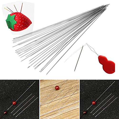 Extra Fine Thin Beading Embroidery Needles 40 Pcs - Long Straight Jewelry Making Needles with Threaders and Sewing Pin Cushion