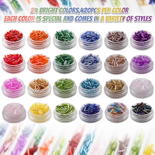 Tube Seed Beads Kit, 7mm, Craft Bugle Glass Beads with Bead Needle, Elastic String for Bracelet Necklace Jewelry Making (24 Colors)