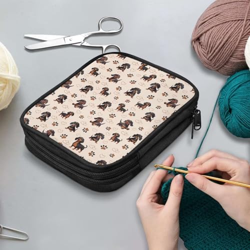 Kathyboom Dachshund Paw Print Crochet Hooks Case - Large Empty Zipper Bags - Portable Travel Storage Bag Organizer with Web Pocket and Crochet Holder Slots for Needles - color: Dachshund Paw Print