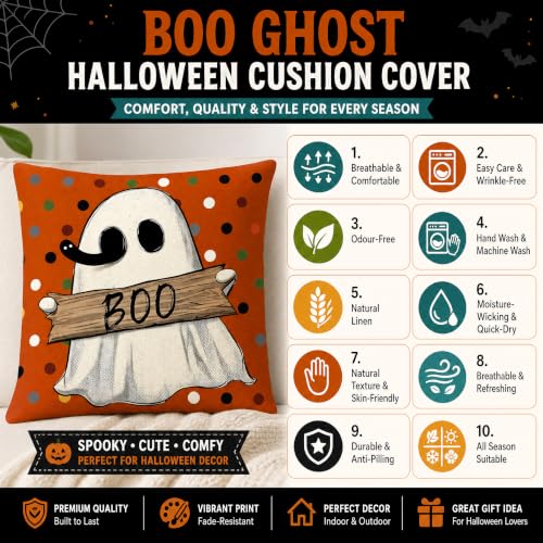 Ghost Holding Boo Sign Linen Throw Pillow Cover 18x18 for Couch - color: Pa10065, size: 18" x 18" (Pack of 1)