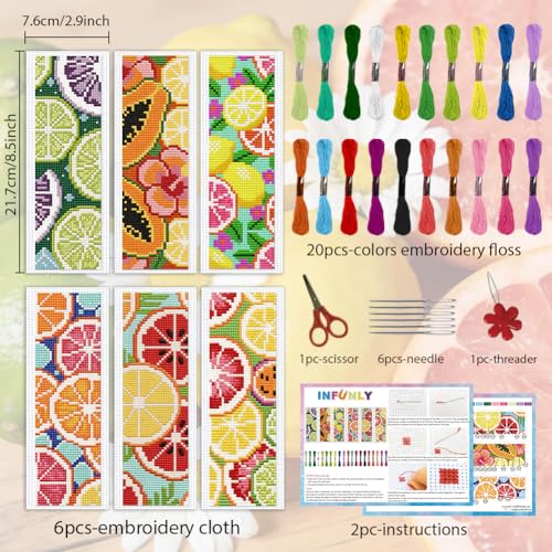 INFUNLY 6Pcs Lemon Cross Stitch Bookmark Kit 3x8.5 Inch/7.6x21.6cm Stamped Embroidery Starter Set with 20 Color Floss Cotton Linen DIY Needlepoint Bookmark for Book Lovers Gift, Colorful - style: Lemon