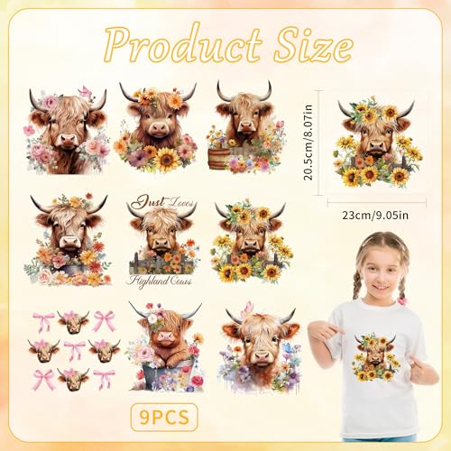9 Sheets Highland Cow Iron on Transfers for T-Shirts - style: Highland Cow