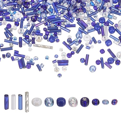 MECCANIXITY 5000 Pcs Mixed Glass Seed Beads, 1.5-6mm Mini Loose Glass Bugle Spacer Bead Embroidery Beads for DIY Craft Projects Earrings Necklaces Bracelets Jewelry Making, Dark Blue - color: Dark Blue