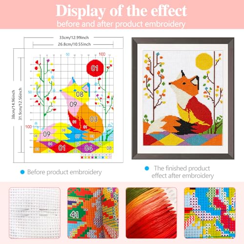 Zhenqing Geometric Red Fox Stamped Cross Stitch Kit for Adults Beginners, 11CT Printed Cross Stitch on White Cotton Fabric, Woodland Animal DIY Needlework Home Decor (66158) - color: Geometric Red Fox