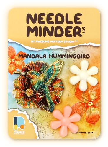 Awesome Pattern Studio Needle Minder Set - Mandala Hummingbird Magnetic Needle Minder + 2 Needle Threaders. Enamel Pin for Cross Stitch, Embroidery and Craft