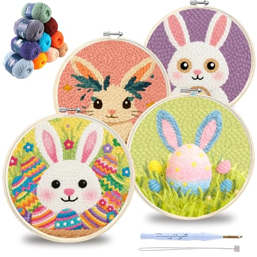 QBQBQ 4 Sets Easter Punch Needle Kits Adults Beginner, Easter Embroidery Kit with Printed Pattern and Bamboo Hoop, Festival Gift and Decoration