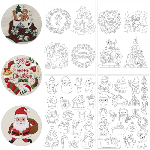 Water Soluble Stabilizer Embroidery Pattern - Christmas Stick & Stitch Embroidery Paper Wash Away, Wreath Snowmen Hand Sewing Patterns for Jean Bag T-Shirt (4 Sheets) - style: Xmas022