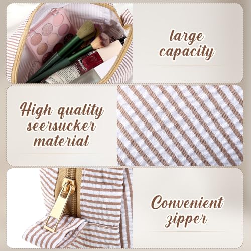 Sanwuta 10 Pcs Seersucker Cosmetic Bag Seersucker Makeup Bag Women Stripe Large Travel Toiletry Organizer Preppy Storage Pouch for Embroidery Wedding Bridesmaid Bride Mom (Khaki) - color: Khaki