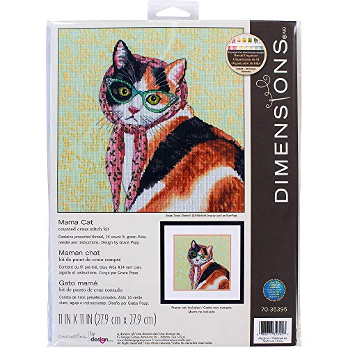 Dimensions 70-35395 Mama Cat Counted Cross Stitch Kit, 14 Count Light Green Aida Cloth, 11'' x 11''