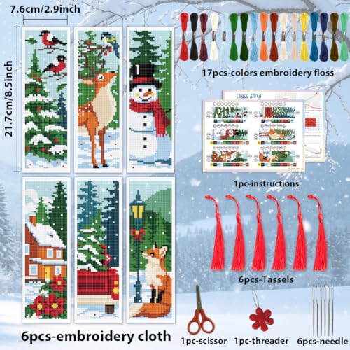 ACRNIGHEET 6PCS Cross Stitch Bookmark Kit (Winter Forest Pattern) - style: Winter Forest with Tassel