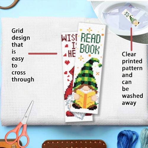 FREEBLOSS 6 Set Cross Stitch Bookmark Kit 11 CT Stamped Cross Stitch Kit DIY Embroidery Bookmark Kits for Adult Beginners with Instructions, Gnome Pattern, 6 x 20 cm/8" x 2.4" - style: Books and Dwarfs