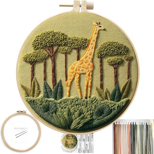 FONNUY Giraffe Pre-Stamped Embroidery Pattern for Beginners, Boho Needlepoint Kits for Beginners Cross Stitch Craft Sewing Full Needles and Thread Hoop Kit (Giraffe 02) - color: Giraffe 02