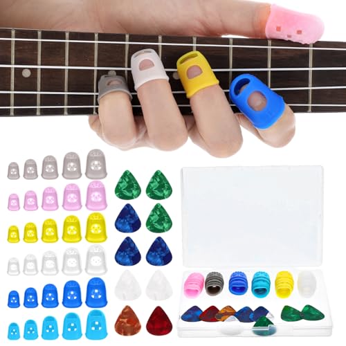 Guitar Fingertip Protectors, 30 Pcs 5 Sizes Soft Silicone Finger Tips Protectors with 10 Picks and Storage Box for Acoustic Electric Guitar Ukulele Banjo Mandolin