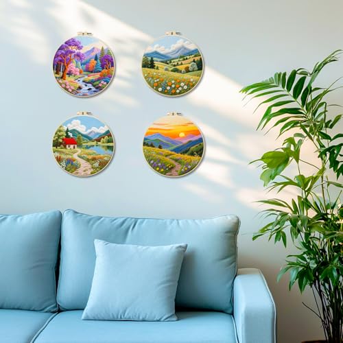 BEUNITONE 4 Set Fairy Tale Landscape Embroidery Kit for Beginners 7.9"x7.9" Pre-Stamped Pattern Needlepoint Kits with Hoop, Tools & Instruction, Handamde Embroidery Kits for Fabric and Home Decor - style: C-Natural Scenery