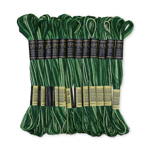 Pack of 12 Premium Embroidery Thread | 100% Egyptian Cotton Premium Skeins | Cross Stitch Embroidery Floss | Oeko TEX Certified Stranded Cotton | (Green Variegated 1236) - color: Green Variegated 1236