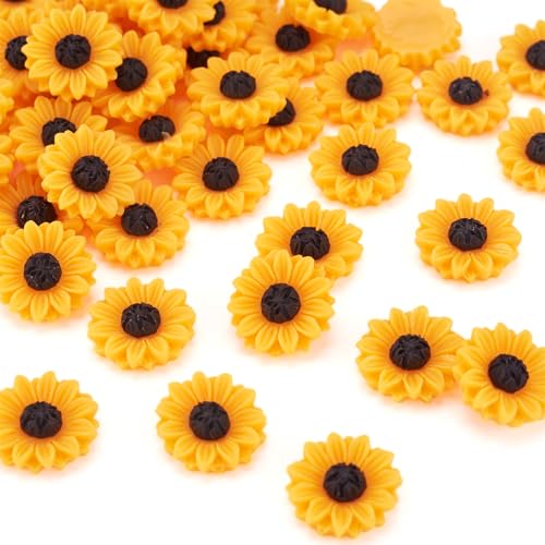 Beadthoven 50Pcs 15mm Flatback Resin Sunflower Cabochons Undrilled Floral Cameo Charms for Jewelry Embellishment Scrapbooking Supplies Dark Orange - color: 0Sunflower-Orange#15mm