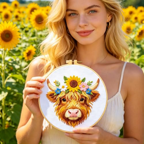 BEUNITONE 4pcs Embroidery Kit, Highland Cow & Sunflowers Stamped Embroidery Kits with Hoop, Thread & Needles, Colorful Cross Stitch Kits Sewing Gifts for Adults and Beginners, DIY Craft for Relaxation - style: A-Highland Cattle