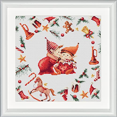 DUTCH STITCH BROTHERS - Counted Cross Stitch Kit - DSB019A - Christmas Elves 3 - Aida - 9,8 x 9,8 Inch - DIY for Adults - color: Christmas Elves 3 Aida