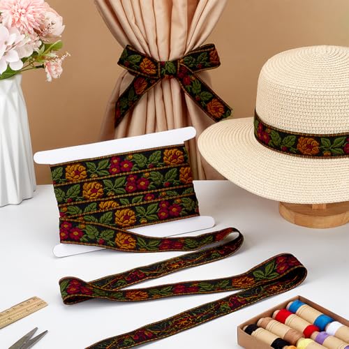FINGERINSPIRE 5.5 Yards Ethnic Style Embroidery Flower Ribbon 1-1/4 Inch Wide Black Floral Jacquard Vintage Woven Trim for DIY Crafts Sewing Clothing - color: Black