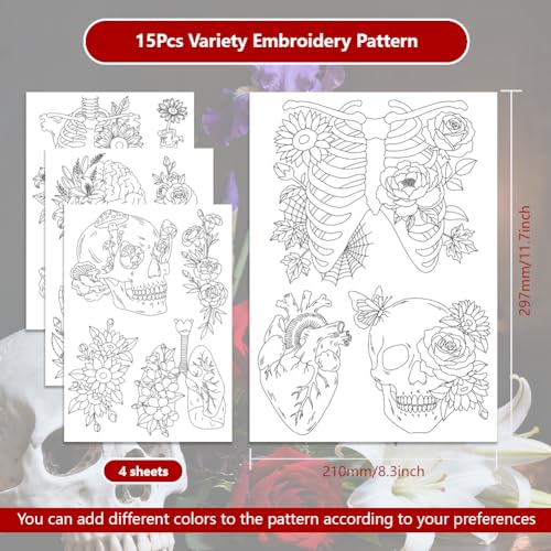 ORIGACH 4 Sheets Water Soluble Embroidery Patterns Stabilizers - Pre-Printed Skeleton, Skull, Organs & Floral Designs - Stick & Stitch Embroidery Paper for Hand Sewing Lovers - color: Skeleton Skull Organs & Floral