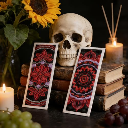 INFUNLY 6 Pcs Gothic Mandala Cross Stitch Bookmark Kit 3x8.5 Inch Pre Printed Dark Floral Counted Cross Stitch Bookmark Kit for Adults DIY Embroidery Kit with Instruction for Book Lover Reader Writer