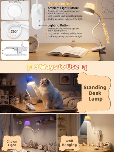Cat Lamp,Dimmable RGB Clip on Light,Cute Desk Lamp Rechargeable Night Light