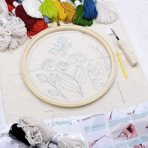Woohome Punch Needle Kit Included Plastic Hoops, Punch Needle Cloth, Color Yarn and Punch Needle Tools for Adults, Beginners (Butterfly, Dragonfly and Bird) - color: Color 33
