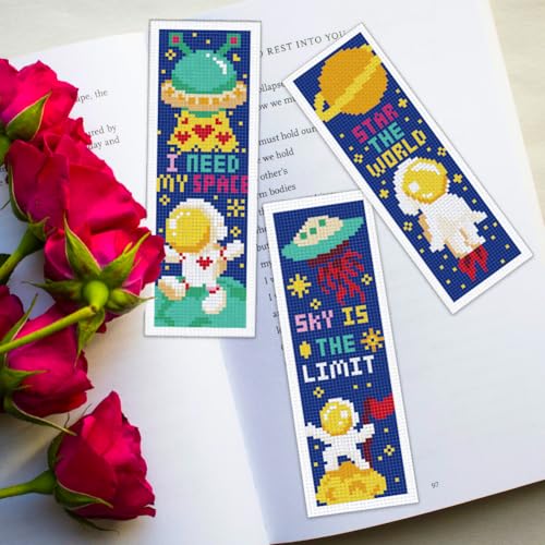 ORIGACH 6 Set Space Astronaut Cross Stitch Bookmark Kit for Beginner - style: Astronaut & Planet Rocket