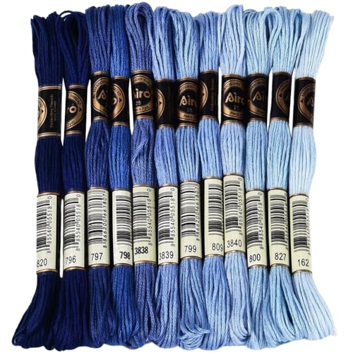 105 Yards 12 Skeins Gradient 6 Strands Marine Blue Cross Stitch Thread Polyester Variegated Embroidery Floss Friendship Bracelet String Assorted Bulk for Hand Sewing Making Knitting Supply - color: Marine Blue Color