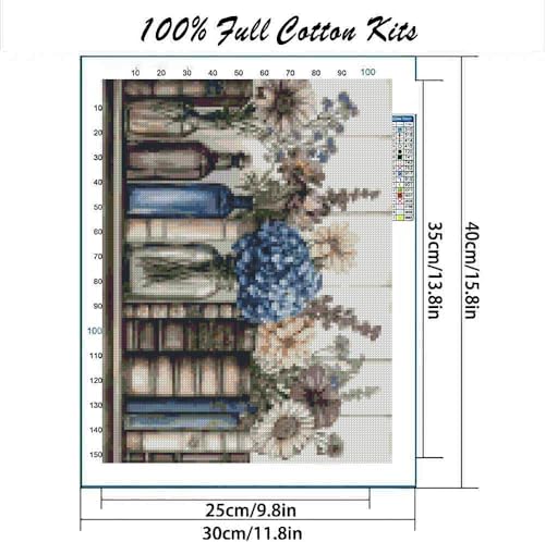 Stamping Cross Stitch Kit Books Flowers, Counting Cross Stitch Kit for Adult Beginners, with Glass Bottles Full Line DIY Cross Stitch Stitching Kit for Home Decor Cross Stitch Patterns 15.7x11.8inches - color: D022