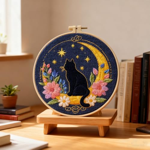 LSLFQYQSK Beginners Embroidery Kits - The Little Cat at Night DIY Cross Stitch Kits,Including,Stamped Flower Patterns,Hoop,Color Threads,Tools (Style B) - style: Style B