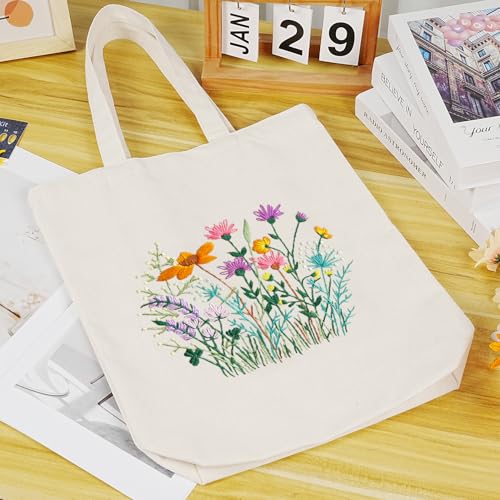 Embroidery Kit Canvas Tote Bag, Hand Embroidery Kit with Floral Pattern for Beginners, Cross Stitch Kits for Adults, Arts and DIY Crafts Kits, Embroidery Starter kit with Embroidery Bag and Tools - color: Beige Multi