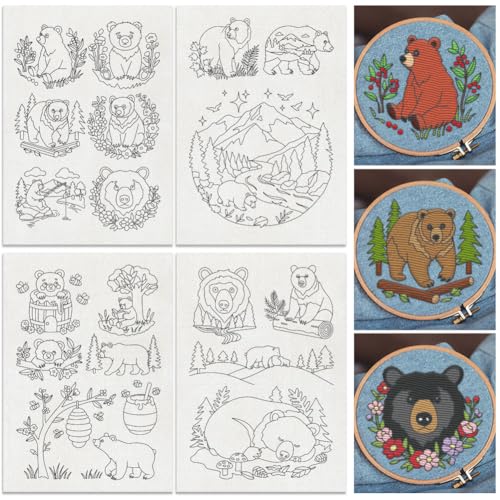 19Pcs Bear Flowers Water Soluble Hand Sewing Stabilizers, 8.3"x11.7" Cute Bear Mountain Forest Embroidery Pattern Stabilizer, 4 Sheets Animal Stick and Stitch Embroidery Paper Sticker
