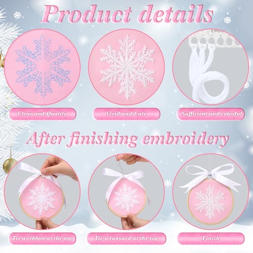 Roowest 6 Sets Christmas Embroidery Kits Snowflake Ornament DIY,Pink - color: Pink