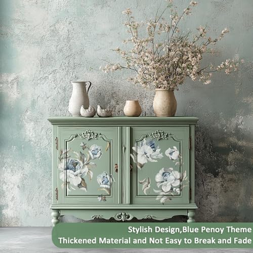 Floral Vintage Rub on Transfer for Furniture Large Flower UV DTF Transfer Sticker for Wood Glass Home Decor, Vintage Blue Penoy - style: Vintage Blue Penoy