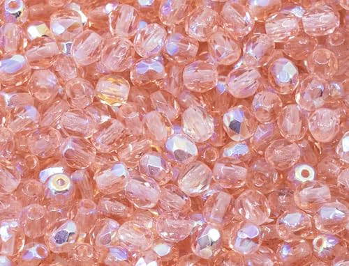 100 pcs of Faceted Fire Polished Pressed Czech Glass Beads 4mm (0.16in), 70120-28701 Pink Rosaline AB - color: Pink Rosaline AB
