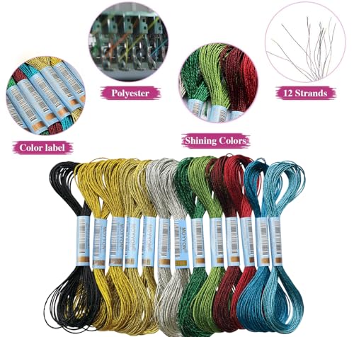 13 Skeins Embroidery Thread, 10 Colors Metallic Embroidery Floss Set, Polyester Cross-Stitch Threads for Hand Embroidery, String Art（10 Colors） - color: 10Metallic mixed Colors, size: 13 skeins